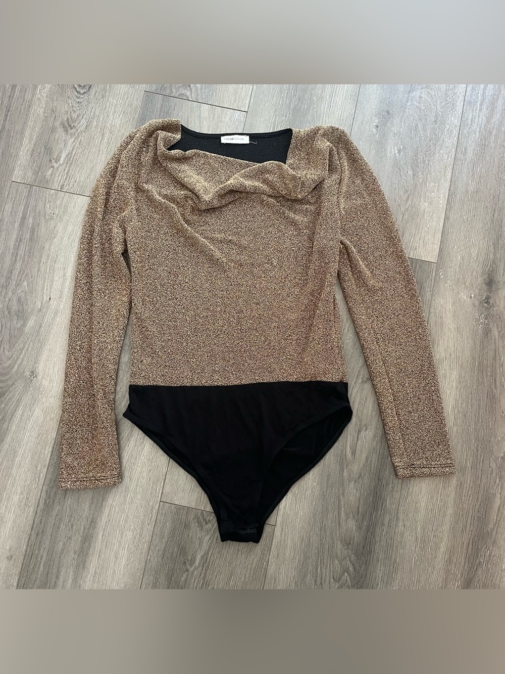 Cache Cache Gold Metallic Shimmer Cowl Neck Bodysuit Size M